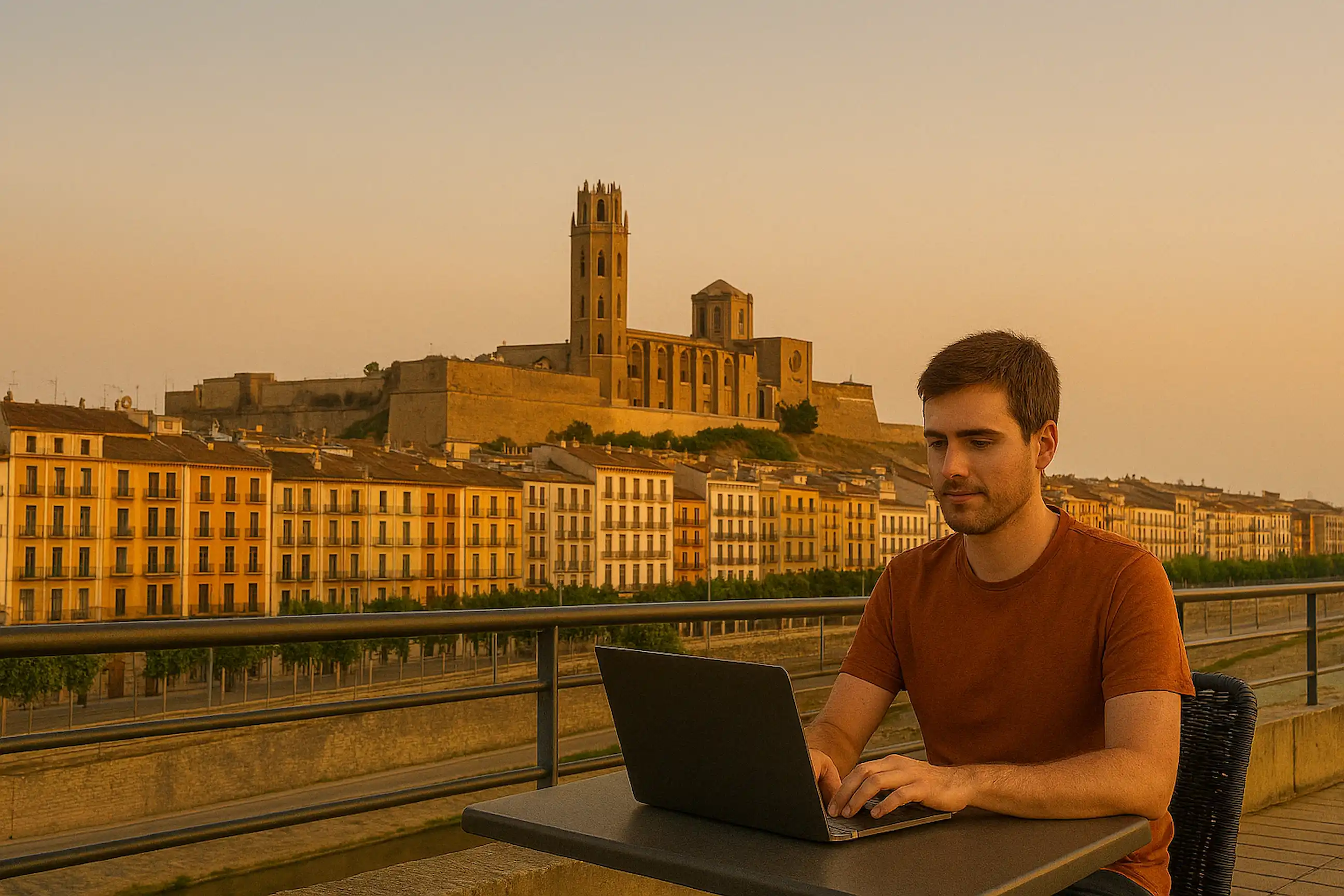 hombre programando en lleida con la seu vella de fondo