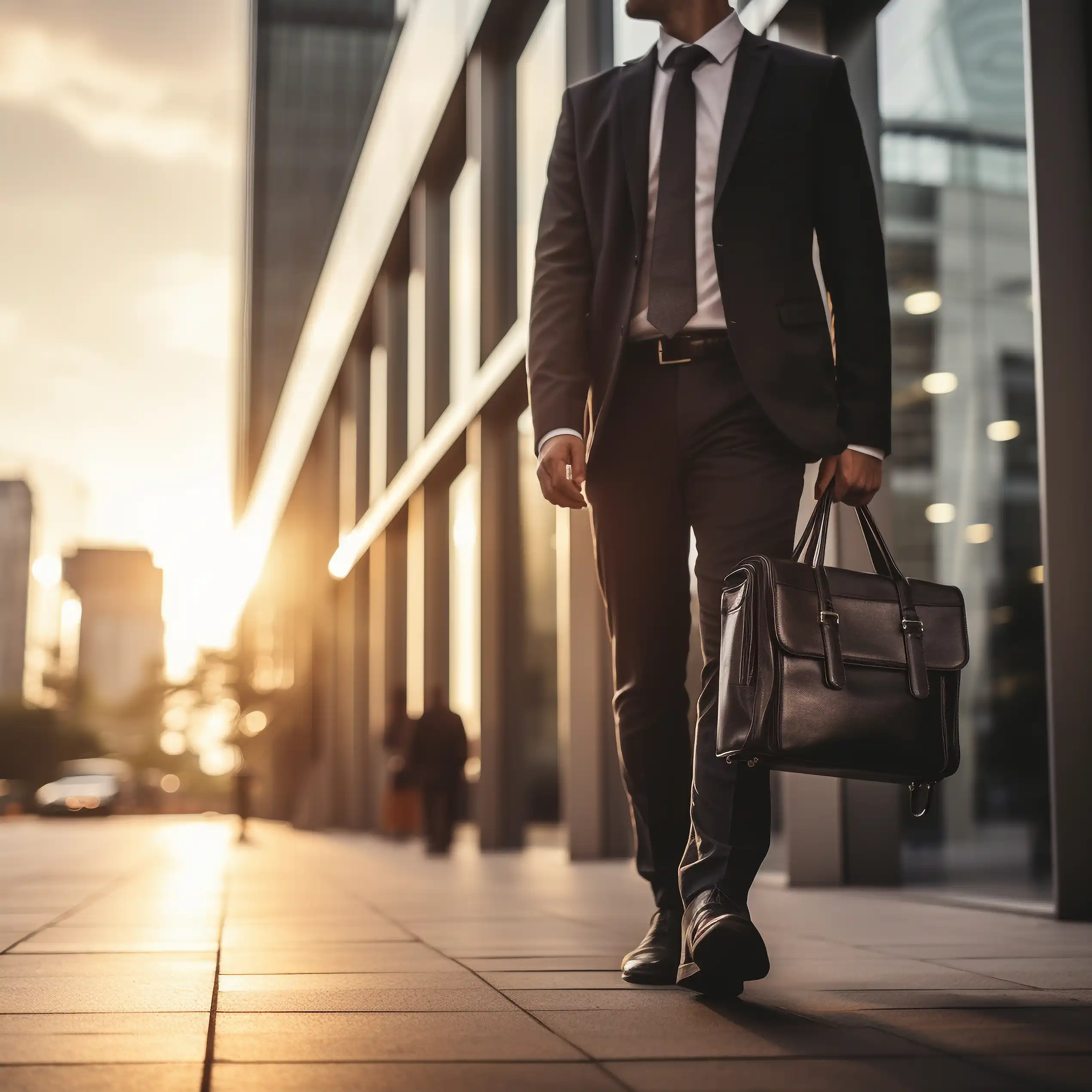 man walking in sunset while working